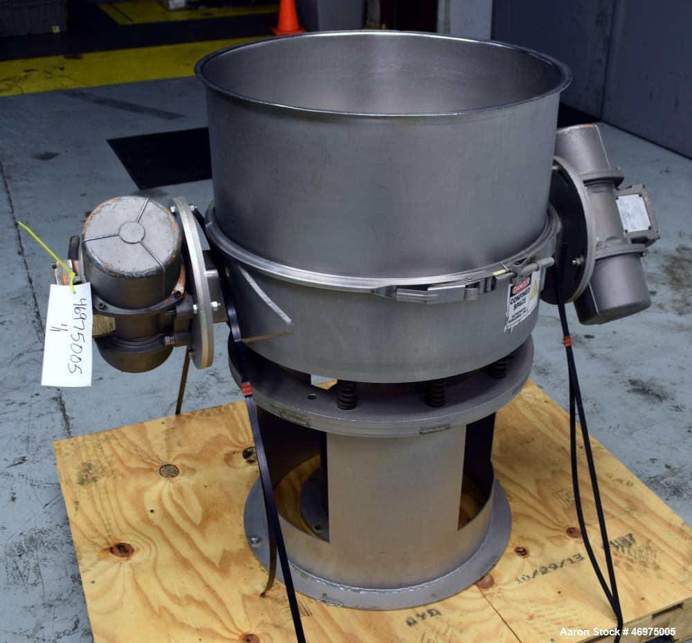 Used Midwestern Industries Low Profile Wet Scalping Screener, Model MLP24S6-4, 304 Stainless Steel. Approximate 24" diameter single deck, single separation. No top cover, includes a screen, bottom ou...