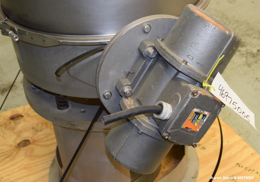 Used Midwestern Industries Low Profile Wet Scalping Screener, Model MLP24S6-4, 304 Stainless Steel. Approximate 24" diameter single deck, single separation. No top cover, includes a screen, bottom ou...