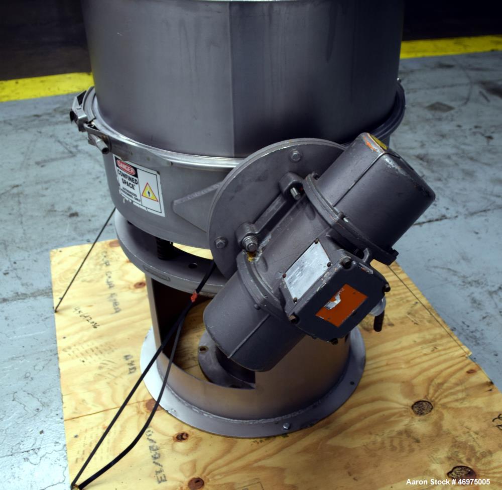 Used Midwestern Industries Low Profile Wet Scalping Screener, Model MLP24S6-4, 304 Stainless Steel. Approximate 24" diameter single deck, single separation. No top cover, includes a screen, bottom ou...