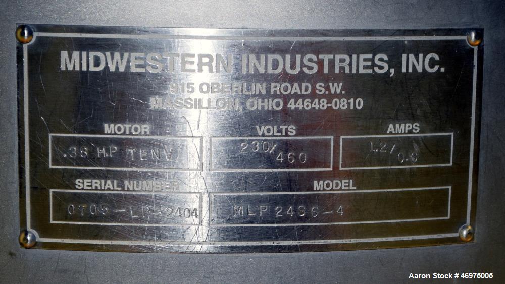 Used Midwestern Industries Low Profile Wet Scalping Screener, Model MLP24S6-4, 304 Stainless Steel. Approximate 24" diameter single deck, single separation. No top cover, includes a screen, bottom ou...