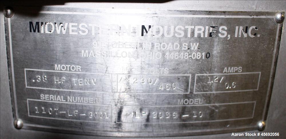 Used Midwestern Industries Sifter/Scalper Model # MLP30S6-10, 304 Stainless Steel. 30" diameter, single deck, 1 separation. Includes  top cover. 10" diameter bottom outlet. Driven by 2 .38 hp, 230/46...