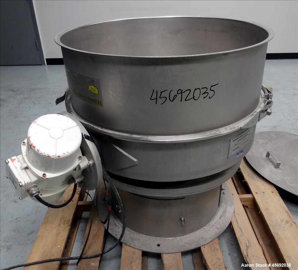 Used Midwestern Industries Sifter/Scalper Model # MLP30S6-10, 304 Stainless Steel. 30" diameter, single deck, 1 separation. Includes  top cover. 10" diameter bottom outlet. Driven by 2 .35kw, 230/460...