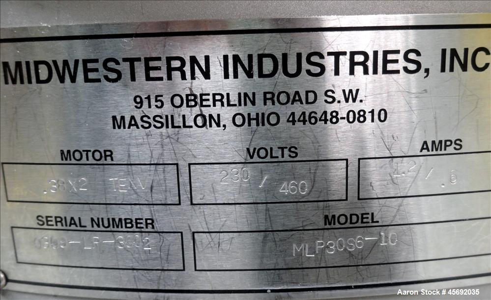 Used Midwestern Industries Sifter/Scalper Model # MLP30S6-10, 304 Stainless Steel. 30" diameter, single deck, 1 separation. Includes  top cover. 10" diameter bottom outlet. Driven by 2 .35kw, 230/460...