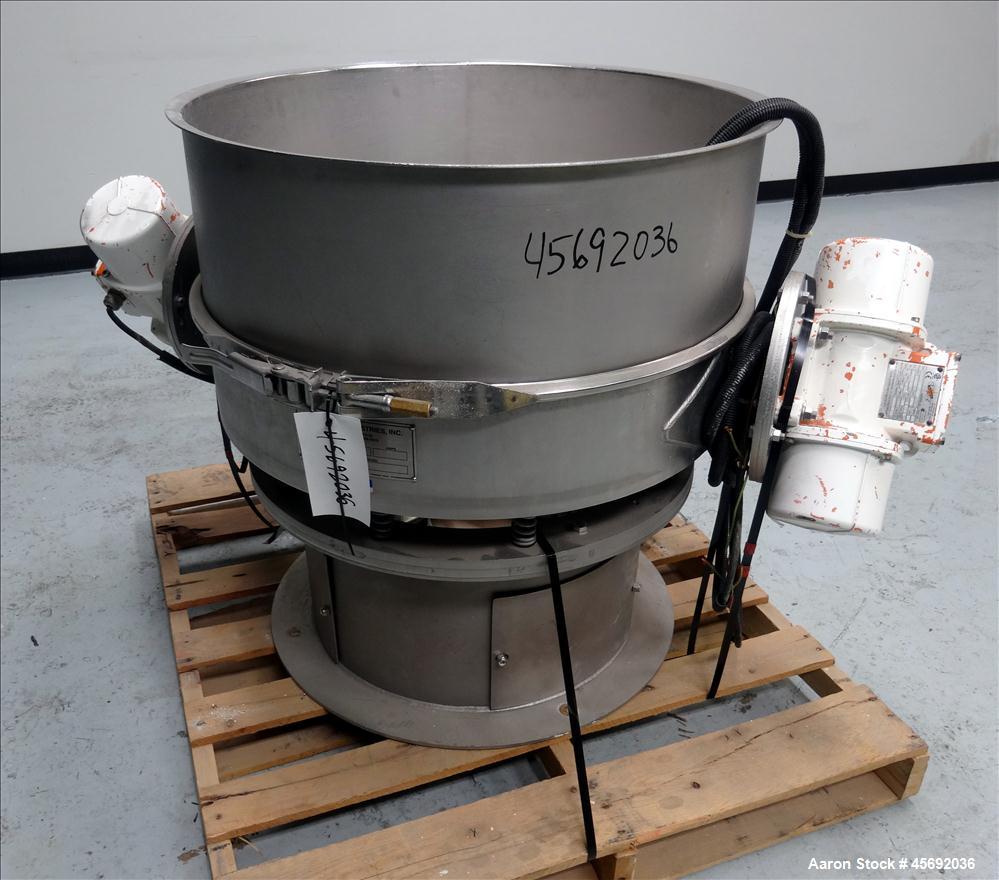 Used Midwestern Industries Sifter/Scalper Model # MLP30S6-10, 304 Stainless Steel. 30" diameter, single deck, 1 separation. No top cover. 10" diameter bottom outlet. Driven by 2 .35kw, 230/460 volt, ...