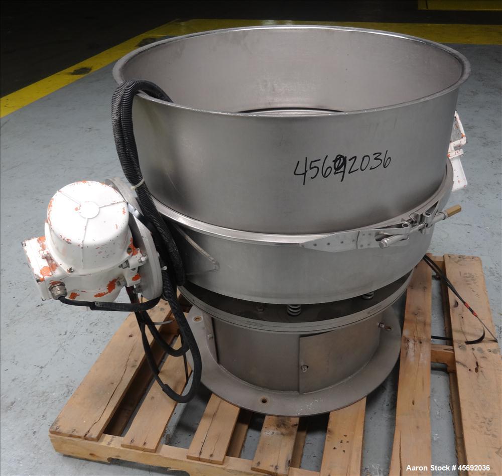 Used Midwestern Industries Sifter/Scalper Model # MLP30S6-10, 304 Stainless Steel. 30" diameter, single deck, 1 separation. No top cover. 10" diameter bottom outlet. Driven by 2 .35kw, 230/460 volt, ...