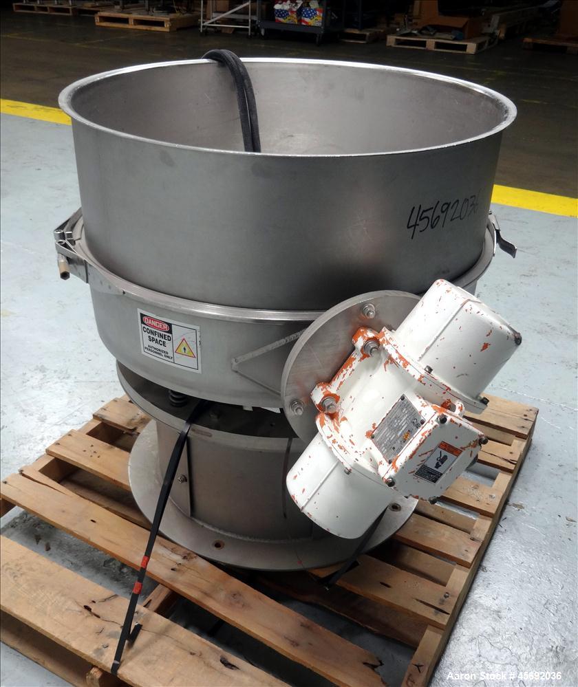 Used Midwestern Industries Sifter/Scalper Model # MLP30S6-10, 304 Stainless Steel. 30" diameter, single deck, 1 separation. No top cover. 10" diameter bottom outlet. Driven by 2 .35kw, 230/460 volt, ...