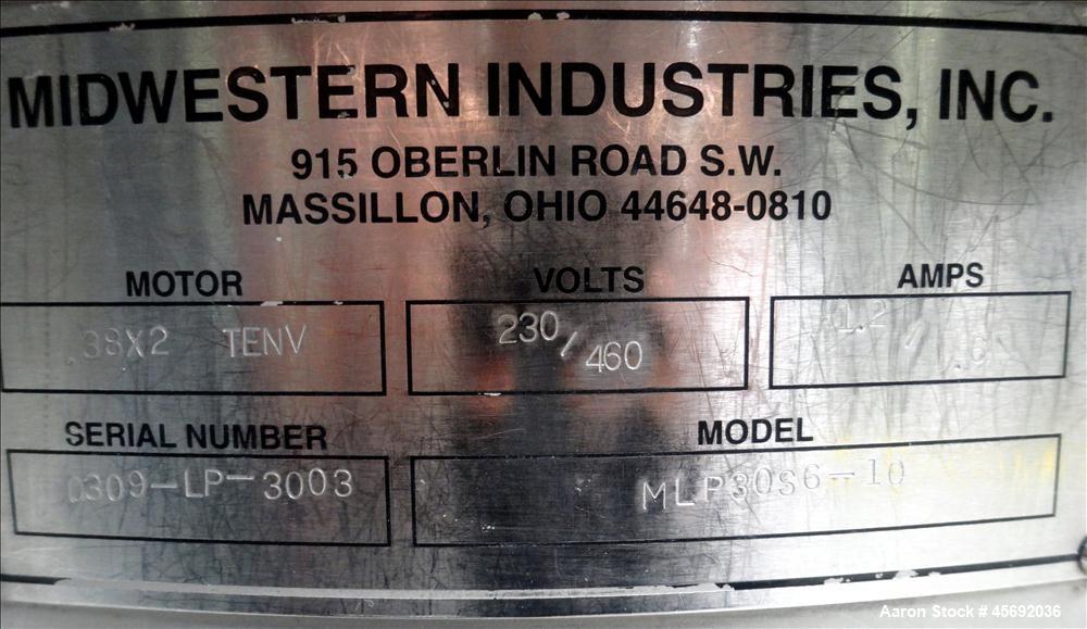 Used Midwestern Industries Sifter/Scalper Model # MLP30S6-10, 304 Stainless Steel. 30" diameter, single deck, 1 separation. No top cover. 10" diameter bottom outlet. Driven by 2 .35kw, 230/460 volt, ...