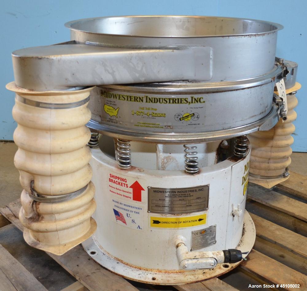 Used Midwestern Screener, 24” Diameter, Model MR24S4-4, Stainless Steel. Single deck, 2 separation, no top cover. Driven by a 0.33 hp, 3/60/230/460 volt motor. Mounted on a carbon steel base. Serial ...