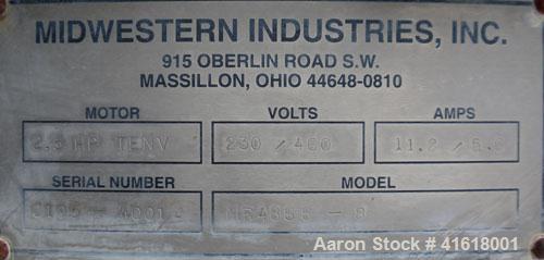 Used Midwestern Vibratory Screener, Model MR48S8-8, 304 Stainless Steel. 48" diameter, single deck, 2 separation. Top cover. Driven by a 2-1/2 hp, 3/60/230/460 Volt, 1120 RPM Motor. Mounted on a 23-1...