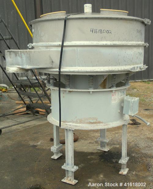 Used Midwestern Vibratory Screener, Model MR48S8-8, 304 Stainless Steel. 48" diameter, single deck, 2 separation. Top cover. Driven by a 3 hp, 3/60/230/460 volt, 1120 rpm motor. Mounted on 4 carbon s...
