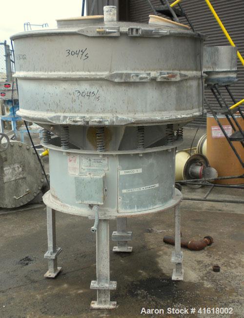 Used Midwestern Vibratory Screener, Model MR48S8-8, 304 Stainless Steel. 48" diameter, single deck, 2 separation. Top cover. Driven by a 3 hp, 3/60/230/460 volt, 1120 rpm motor. Mounted on 4 carbon s...