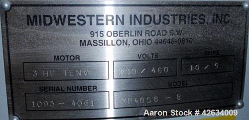 Used Midwestern Industries Screener, Model MR48S8-8, Stainless Steel. 48" Diameter single deck, 2 seperation. Driven by a 2.5hp, 3/60/230/460 volt motor. Mounted on a base.