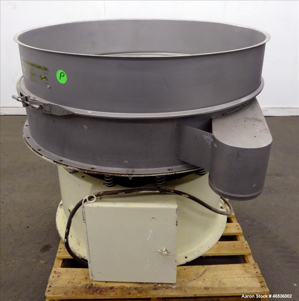 Used Midwestern Industries Screener, 48" Diameter, 304 Stainless Steel. Single deck, 1 separation. No top cover. Driven by approximate 2-1/2 hp motor. Mounted on a carbon steel base.