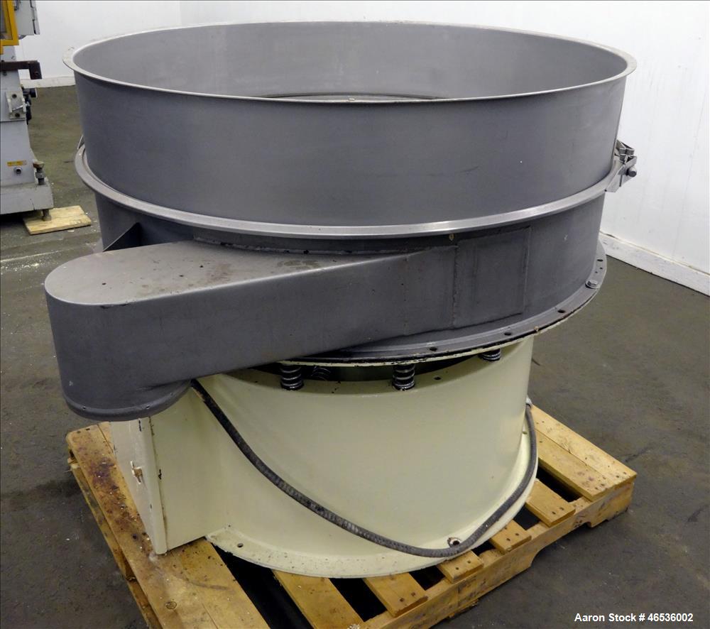 Used Midwestern Industries Screener, 48" Diameter, 304 Stainless Steel. Single deck, 1 separation. No top cover. Driven by approximate 2-1/2 hp motor. Mounted on a carbon steel base.