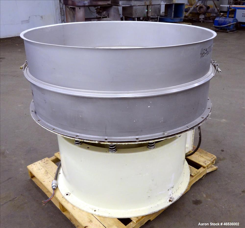 Used Midwestern Industries Screener, 48" Diameter, 304 Stainless Steel. Single deck, 1 separation. No top cover. Driven by approximate 2-1/2 hp motor. Mounted on a carbon steel base.