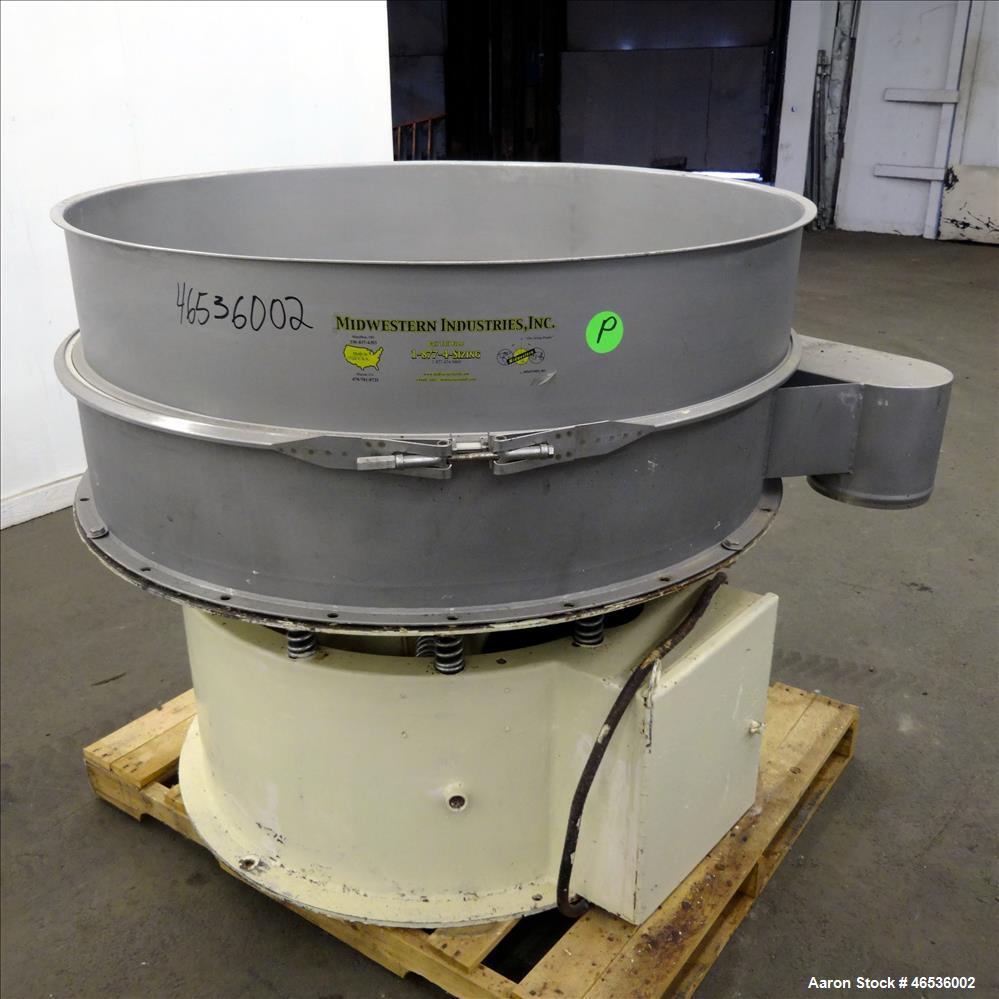 Used Midwestern Industries Screener, 48" Diameter, 304 Stainless Steel. Single deck, 1 separation. No top cover. Driven by approximate 2-1/2 hp motor. Mounted on a carbon steel base.