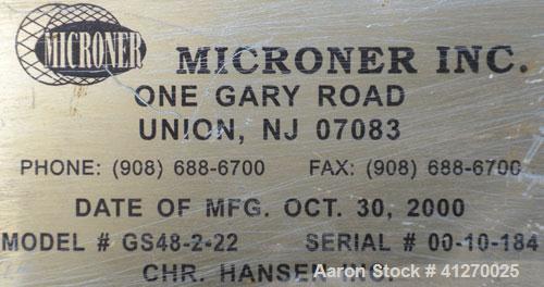 Used Microner (Sweco Type) Screener, Model GS48-2-22, 304 Stainless Steel. 48" diameter, double deck, 3 separation. Stainless steel top cover. Driven by a 2-1/2 hp, 3/60/460 volt, 1200 rpm motor. Mou...