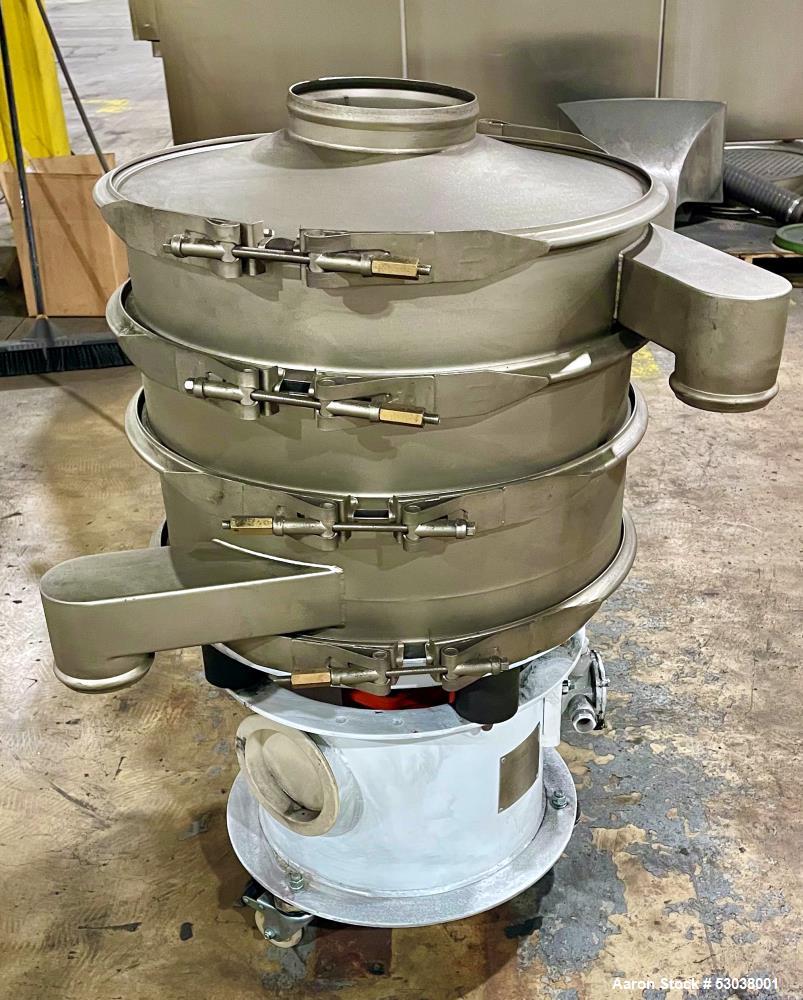 Used VibraScreener, Model RS-24, Stainless Steel. 24" diameter. Triple deck, 4 seperation. Used - with 40,80, 140, 325 mesh screens. Built 2020, Serial# RY20008.