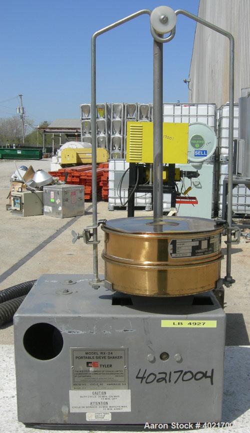 Used W.S Tyler sieve shaker, model RX-24. (1) 8" diameter brass screen, #7 mesh size. (1) 8" diameter bottom collection pan. Driven by a 1/3 hp, 1/60/115 volt, 1725 rpm motor.



