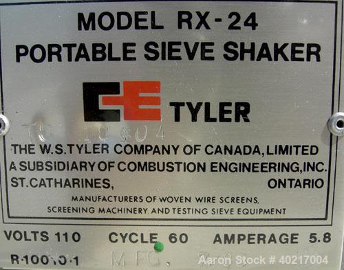 Used W.S Tyler sieve shaker, model RX-24. (1) 8" diameter brass screen, #7 mesh size. (1) 8" diameter bottom collection pan. Driven by a 1/3 hp, 1/60/115 volt, 1725 rpm motor.



