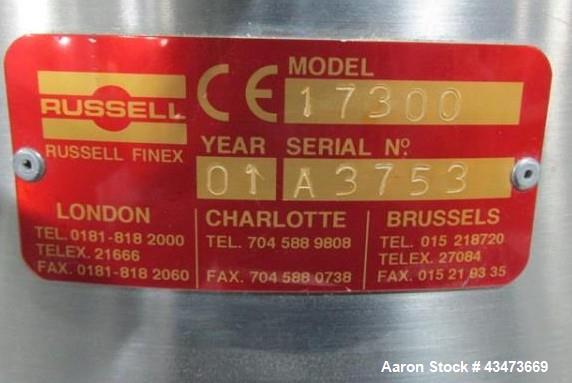 Used Russel Sieve, Model 17300. Stainless steel construction, approximately 22" diameter screen on stainless steel base, serial# A3753, built 2001.