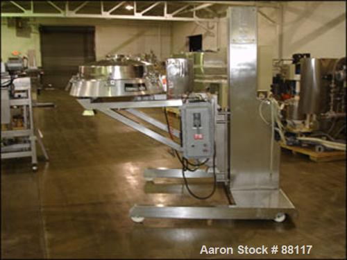 Used Russell Finex Sieve, 30" Diameter, Model 17900, Stainless Steel. Single deck pass through design with motor. Mounted on a Meto-Lift cart with casters. Built 2001.