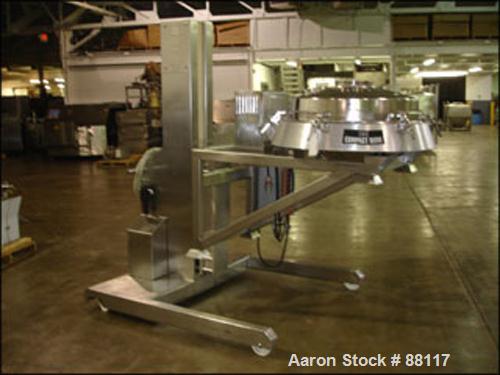 Used Russell Finex Sieve, 30" Diameter, Model 17900, Stainless Steel. Single deck pass through design with motor. Mounted on a Meto-Lift cart with casters. Built 2001.