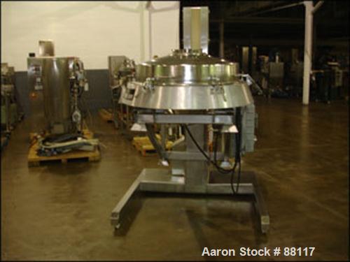 Used Russell Finex Sieve, 30" Diameter, Model 17900, Stainless Steel. Single deck pass through design with motor. Mounted on a Meto-Lift cart with casters. Built 2001.