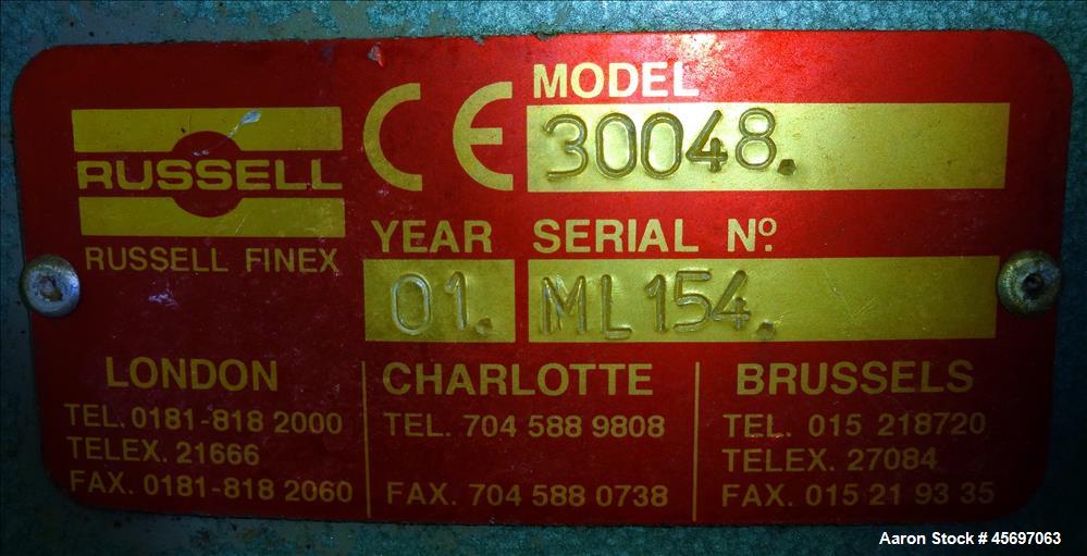 Used Russell Circular Screener, Model 30048, 48" Diameter, 304 Stainless Steel, Single Deck, 2 separation. No Top cover. Serial number ML154. Built 2001.