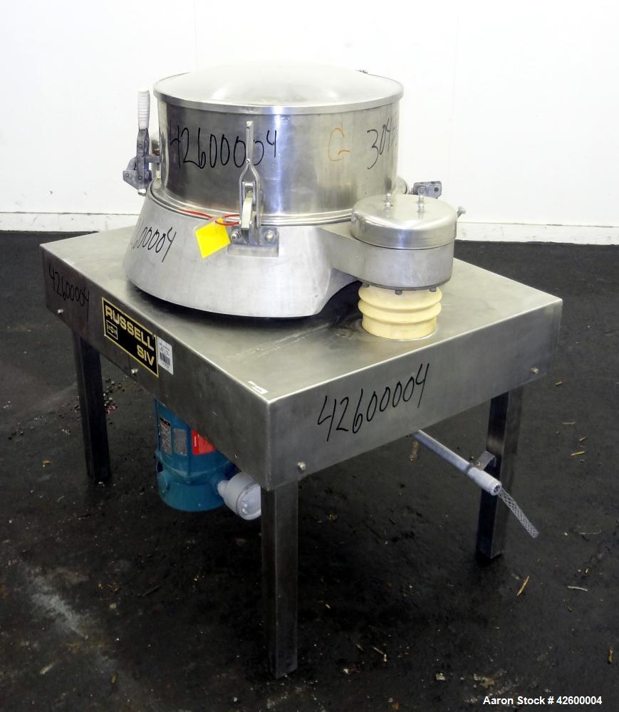 Used Russell Finex Airswept Sieve, Model AS 140, 304 Stainless Steel. 20" Diameter single deck. Clamp down demountable sieve assembly, plastic top cover. Driven by a 2 hp, 3/60/230/460 volt, 1725 rpm...