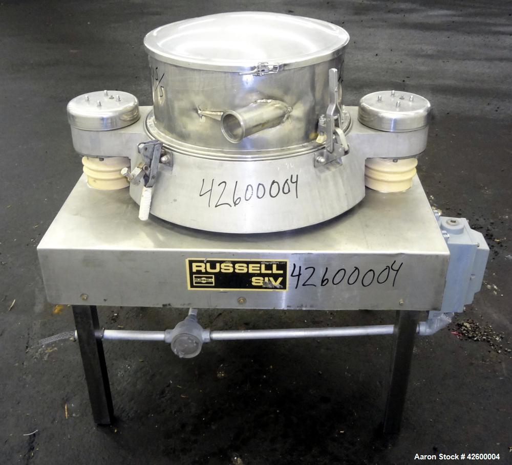 Used Russell Finex Airswept Sieve, Model AS 140, 304 Stainless Steel. 20" Diameter single deck. Clamp down demountable sieve assembly, plastic top cover. Driven by a 2 hp, 3/60/230/460 volt, 1725 rpm...
