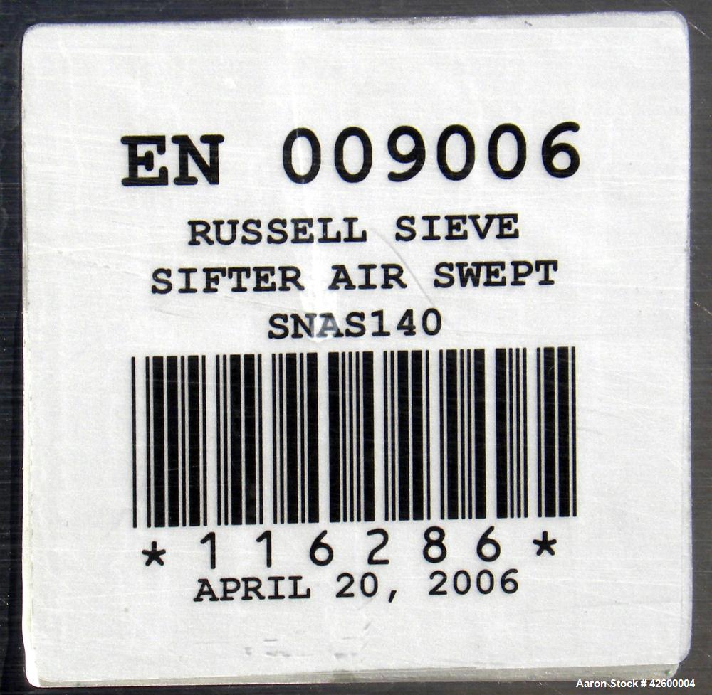 Used Russell Finex Airswept Sieve, Model AS 140, 304 Stainless Steel. 20" Diameter single deck. Clamp down demountable sieve assembly, plastic top cover. Driven by a 2 hp, 3/60/230/460 volt, 1725 rpm...