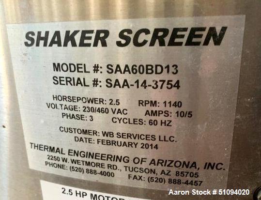 Used- TEA Thermal Engineering of Arizona Shaker Screen, Model SAA60BD13