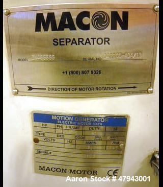Used Macon (Sweco)3 Tier Sifter/Separator. 48" Screen. Motion generator hp 2.5, PH 3, frame 132S, duty S1, volts 480, H2 60, amps 3.2, rpm 1145. Includes 5 screens: (2) 165, (2) 230, (1) 400, (2) set...
