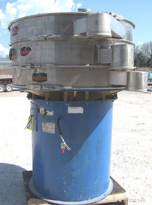 Used Kason Screener, Model K60-2-SS, Stainless Steel. 60" Diameter, 2 deck, 3 separation. Driven by a 1 hp, 3/60/230/460 volt motor. Mounted on a carbon steel base.