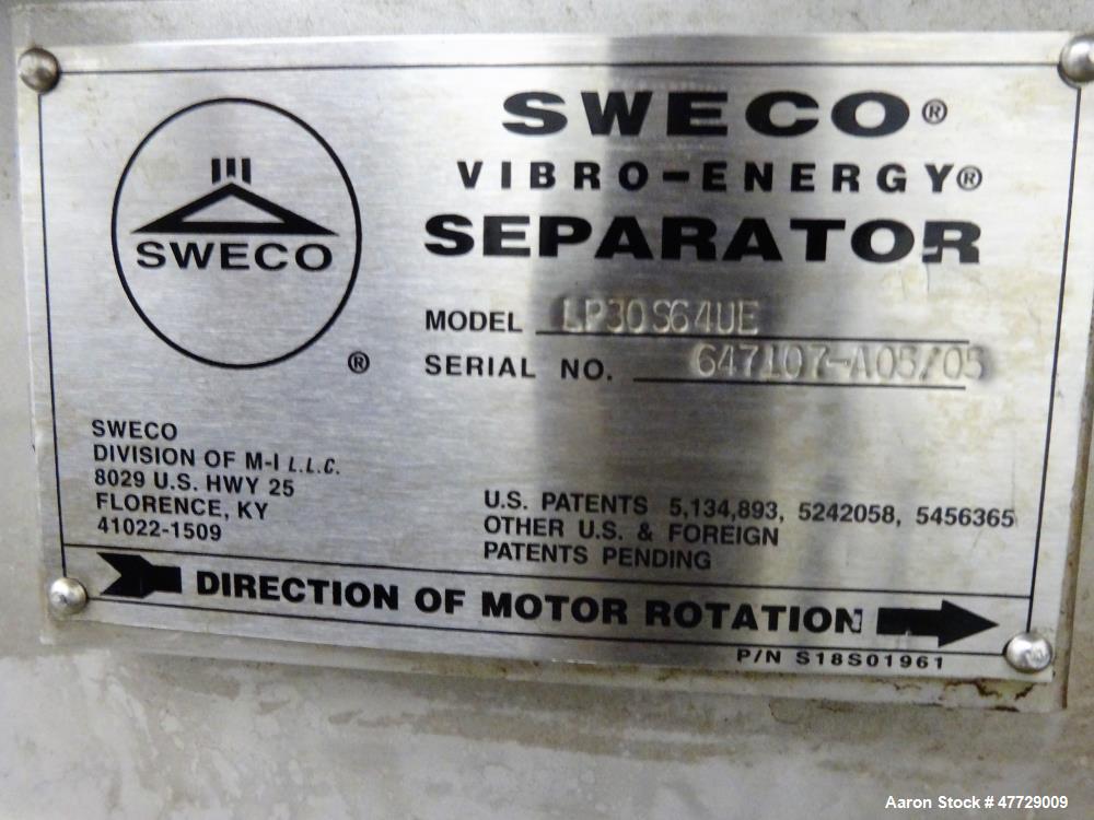 Used Sweco Low Profile Screener, Model LP30S64UE, 304 Stainless Steel.