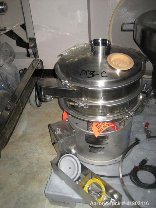 Used Sweco Screener, Model LS-18-33WC, Stainless Steel. 18" diameter, single deck, 2 separation. Top cover. Driven by a 1/4 hp motor. Mounted on a carbon steel base.