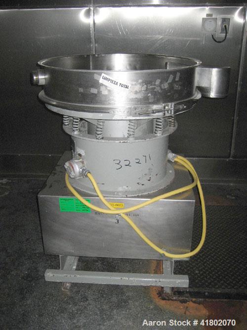Used Sweco Screener, Model LS-30-S-64, stainless steel. 30" diameter, single deck, 2 separation. Driven by a 1/2 hp, 3/60/440 volt motor. Mounted on a carbon steel base.