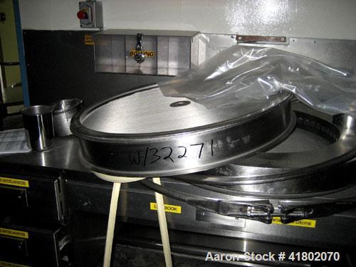Used Sweco Screener, Model LS-30-S-64, stainless steel. 30" diameter, single deck, 2 separation. Driven by a 1/2 hp, 3/60/440 volt motor. Mounted on a carbon steel base.