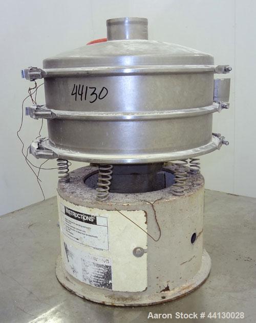 Used Sweco Screener, Model LS1833, 304 Stainless Steel. 18” Diameter, single deck, 2 separation, with top cover. Driven by a 1/4hp, 3/60/460 volt, 1140 rpm motor. Mounted on a carbon steel base.