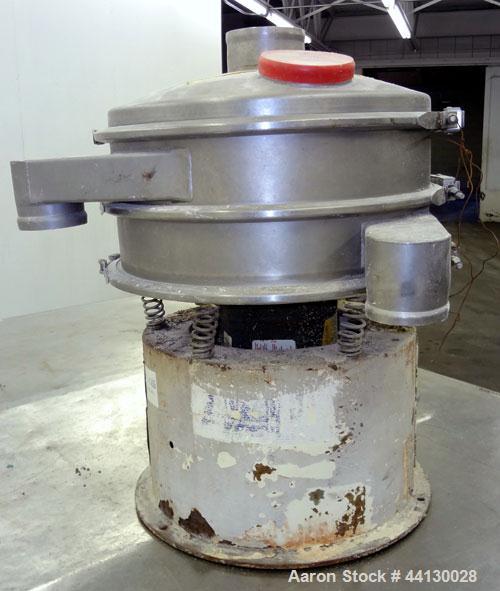 Used Sweco Screener, Model LS1833, 304 Stainless Steel. 18” Diameter, single deck, 2 separation, with top cover. Driven by a 1/4hp, 3/60/460 volt, 1140 rpm motor. Mounted on a carbon steel base.
