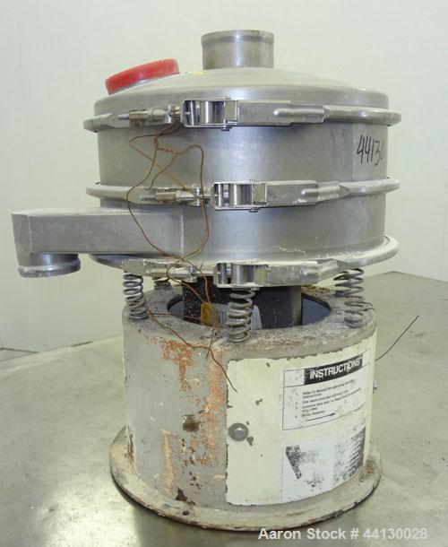 Used Sweco Screener, Model LS1833, 304 Stainless Steel. 18” Diameter, single deck, 2 separation, with top cover. Driven by a 1/4hp, 3/60/460 volt, 1140 rpm motor. Mounted on a carbon steel base.