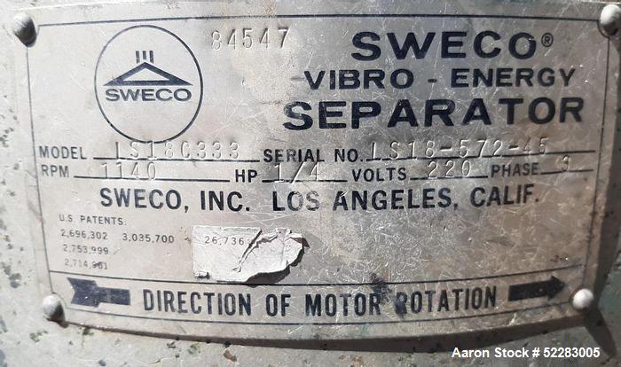 Used Sweco 18" Diameter Double Deck Carbon Steel Screen, Model LS18C333. Driven by 1/4 HP, 1140 RPM, 240 volt, 3-phase, 60 Hz motor. Serial number LS18-572-45. Screen tested and is in working conditi...
