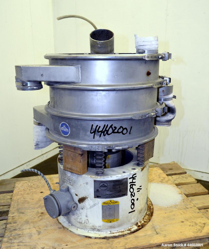 Used Sweco Screener, Model LS18S333, 304 Stainless Steel.  18” Diameter, double deck, 3 separation, with a flat plastic top cover. Driven by a 1/4 hp, 3/60/460 volt, 1140 rpm motor.  Mounted on a car...