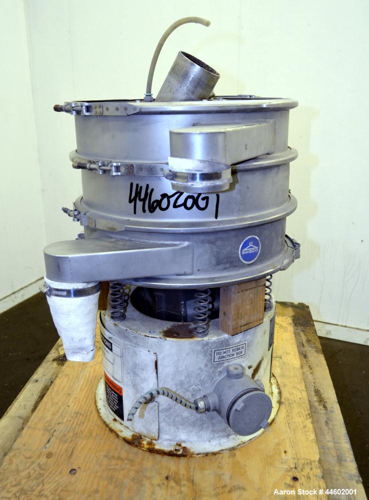 Used Sweco Screener, Model LS18S333, 304 Stainless Steel.  18” Diameter, double deck, 3 separation, with a flat plastic top cover. Driven by a 1/4 hp, 3/60/460 volt, 1140 rpm motor.  Mounted on a car...