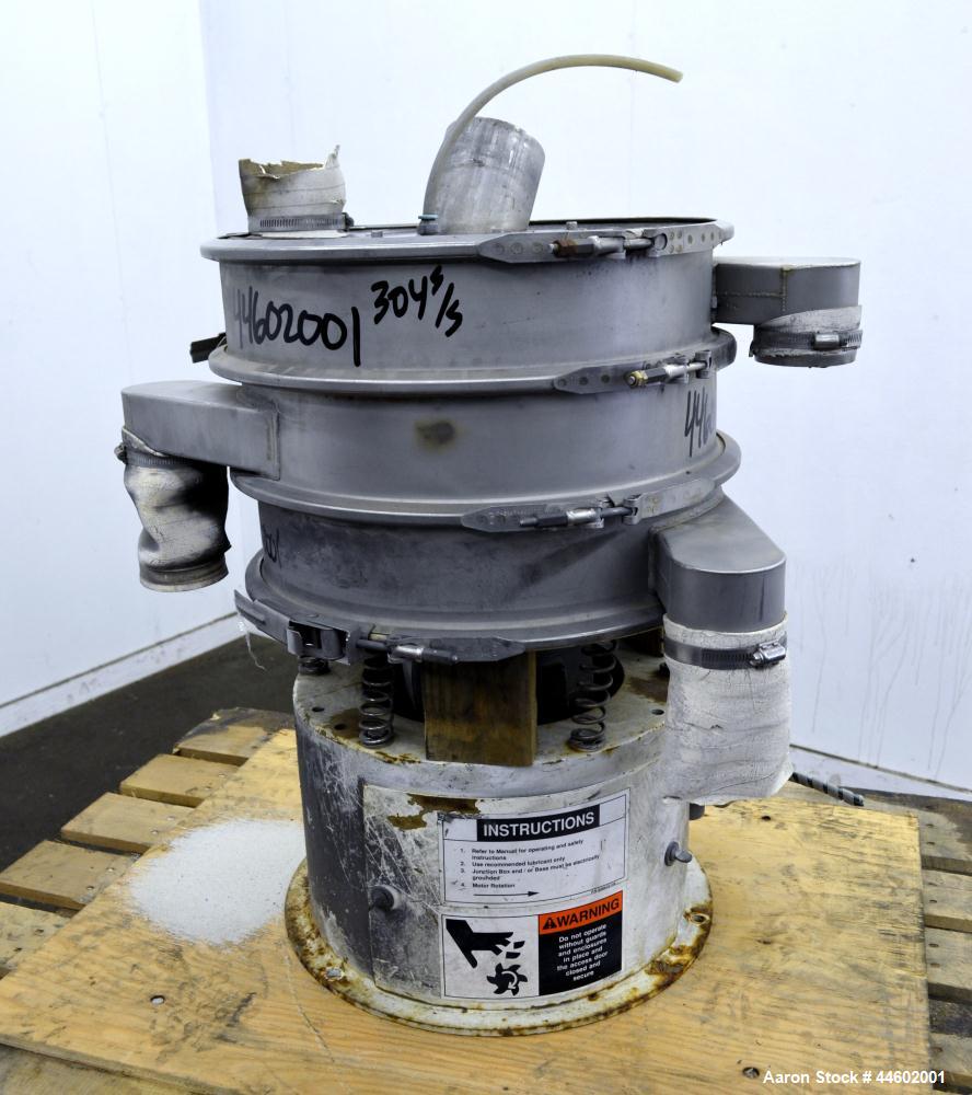 Used Sweco Screener, Model LS18S333, 304 Stainless Steel.  18” Diameter, double deck, 3 separation, with a flat plastic top cover. Driven by a 1/4 hp, 3/60/460 volt, 1140 rpm motor.  Mounted on a car...