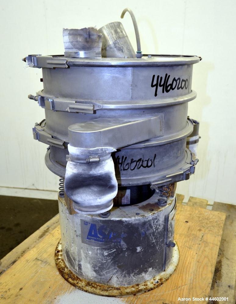 Used Sweco Screener, Model LS18S333, 304 Stainless Steel.  18” Diameter, double deck, 3 separation, with a flat plastic top cover. Driven by a 1/4 hp, 3/60/460 volt, 1140 rpm motor.  Mounted on a car...