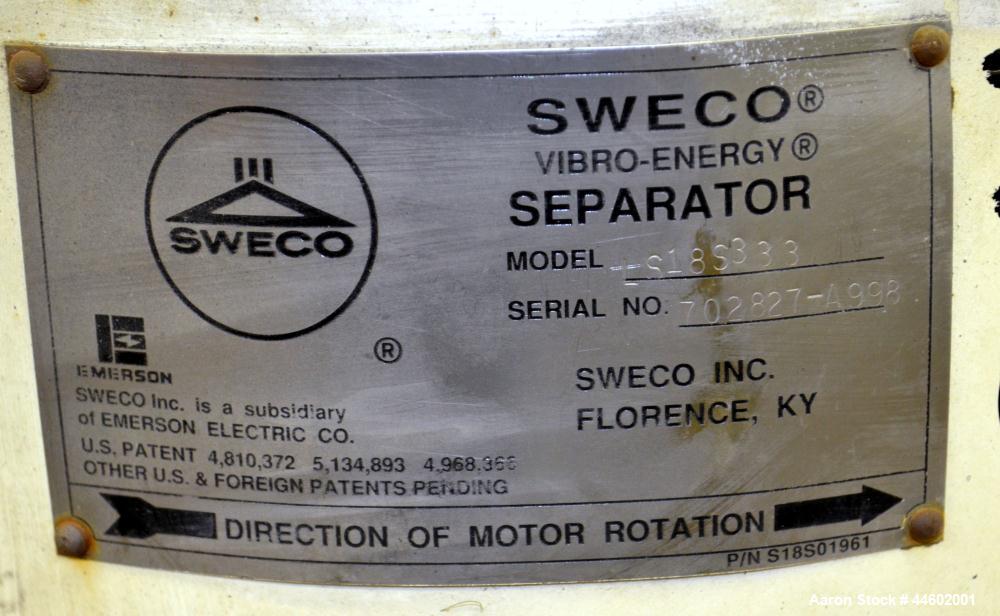 Used Sweco Screener, Model LS18S333, 304 Stainless Steel.  18” Diameter, double deck, 3 separation, with a flat plastic top cover. Driven by a 1/4 hp, 3/60/460 volt, 1140 rpm motor.  Mounted on a car...