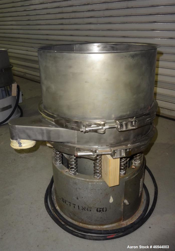 Used Sweco Screener, Model LS18S333, 304 Stainless Steel. 18" Diameter, single deck, 1 separation, with a top scalping deck, no cover. Driven by a 1/4hp, 3/60/440 volt, 1140 rpm motor. Mounted on a c...
