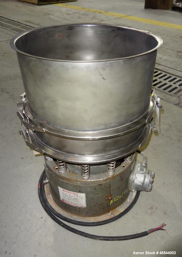 Used Sweco Screener, Model LS18S333, 304 Stainless Steel. 18" Diameter, single deck, 1 separation, with a top scalping deck, no cover. Driven by a 1/4hp, 3/60/440 volt, 1140 rpm motor. Mounted on a c...